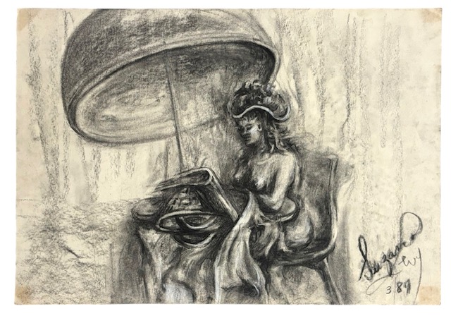 Suzana Levy (Rio de Janeiro, 1937  Rio de Janeiro, 2023) - Desenho a carvão sobre papel representando figura feminina nua, em composição surreal com elementos escultóricos e guarda-sol. Traço expressivo, com ...