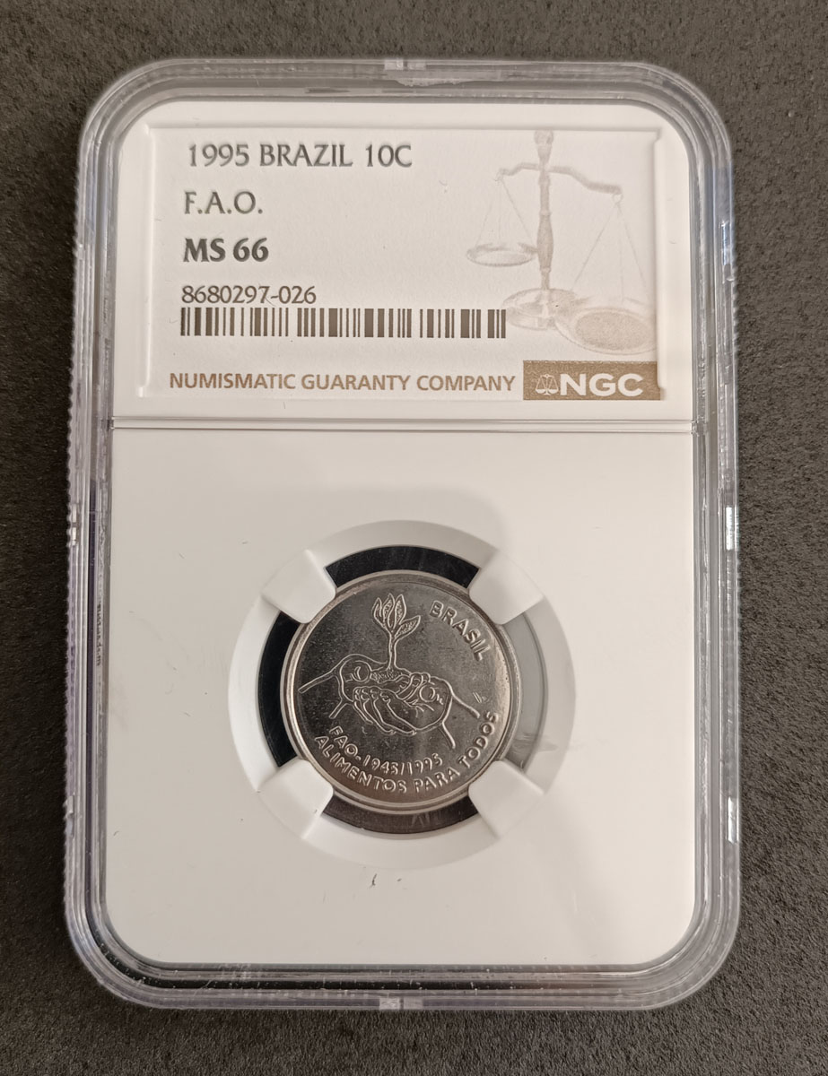 BRASIL - 10 CENTAVOS 1995 F.A.O. - MS66 - PEÇA ENCAPSULADA E GRADUADA PELA NGC