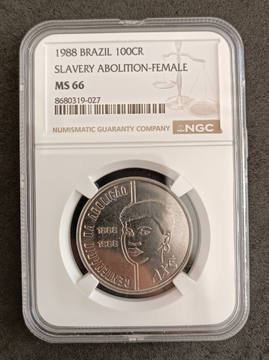 BRASIL - 100 CRUZADOS 1988 - AXÉ - CENTENANRIO DA ABOLIÇÃO  - `MÃE` - MS66 -  PEÇA ENCAPSULADA E GRADUADA PELA NGC
