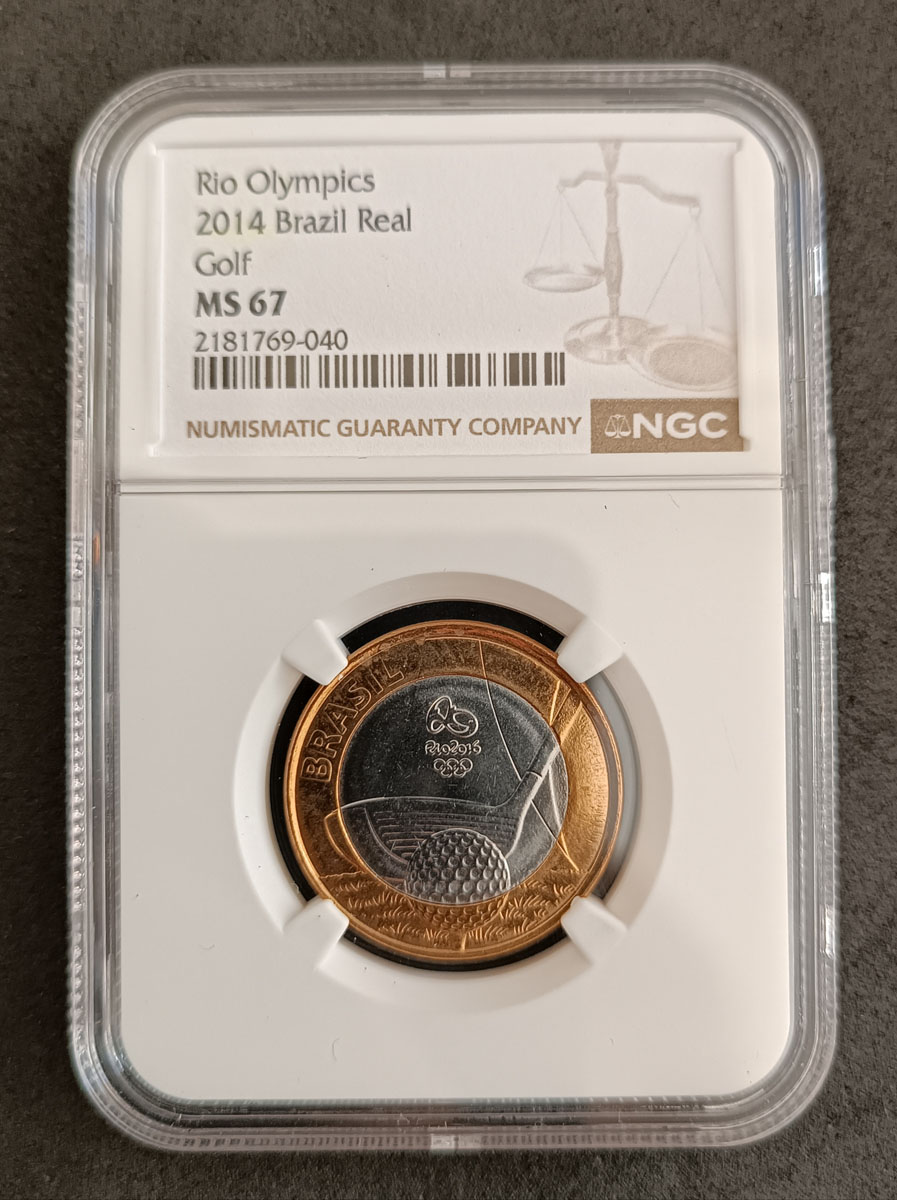 BRASIL - 1 REAL 2014 - MS67 - COMEMORATIVA AS OLIMPIADAS - GOLFE - PEÇA ENCAPSULADA E GRADUADA PELA NGC