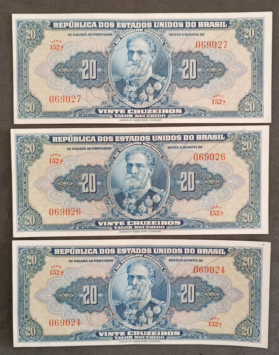 CÉDULA BRASIL - 20 CRUZEIROS AUTOGRAFADAS  - SOB - C 021 - Nº 069024 / 069026 / 069027