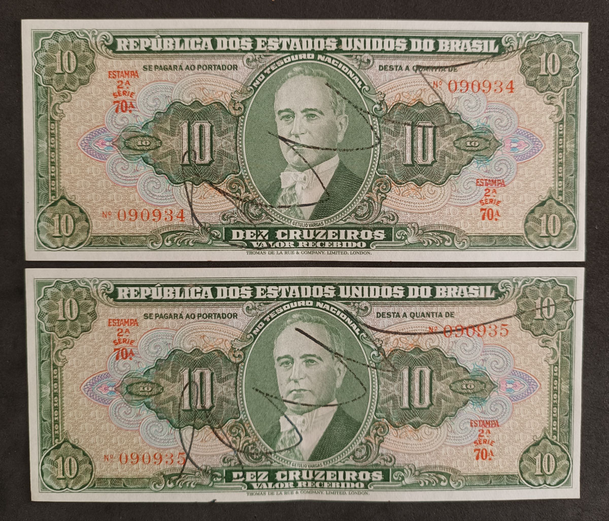 CÉDULA BRASIL - 10 CRUZEIROS AUTOGRAFADA  - C 075 - Nº 090935 / 090934
