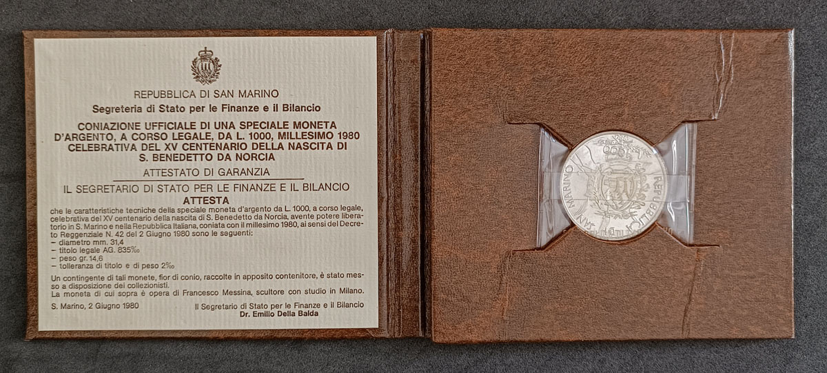 SAN MARINO - 1000 LIRA 1980 - FC - NO ESTOJO ORIGINAL - PRATA14,6GR