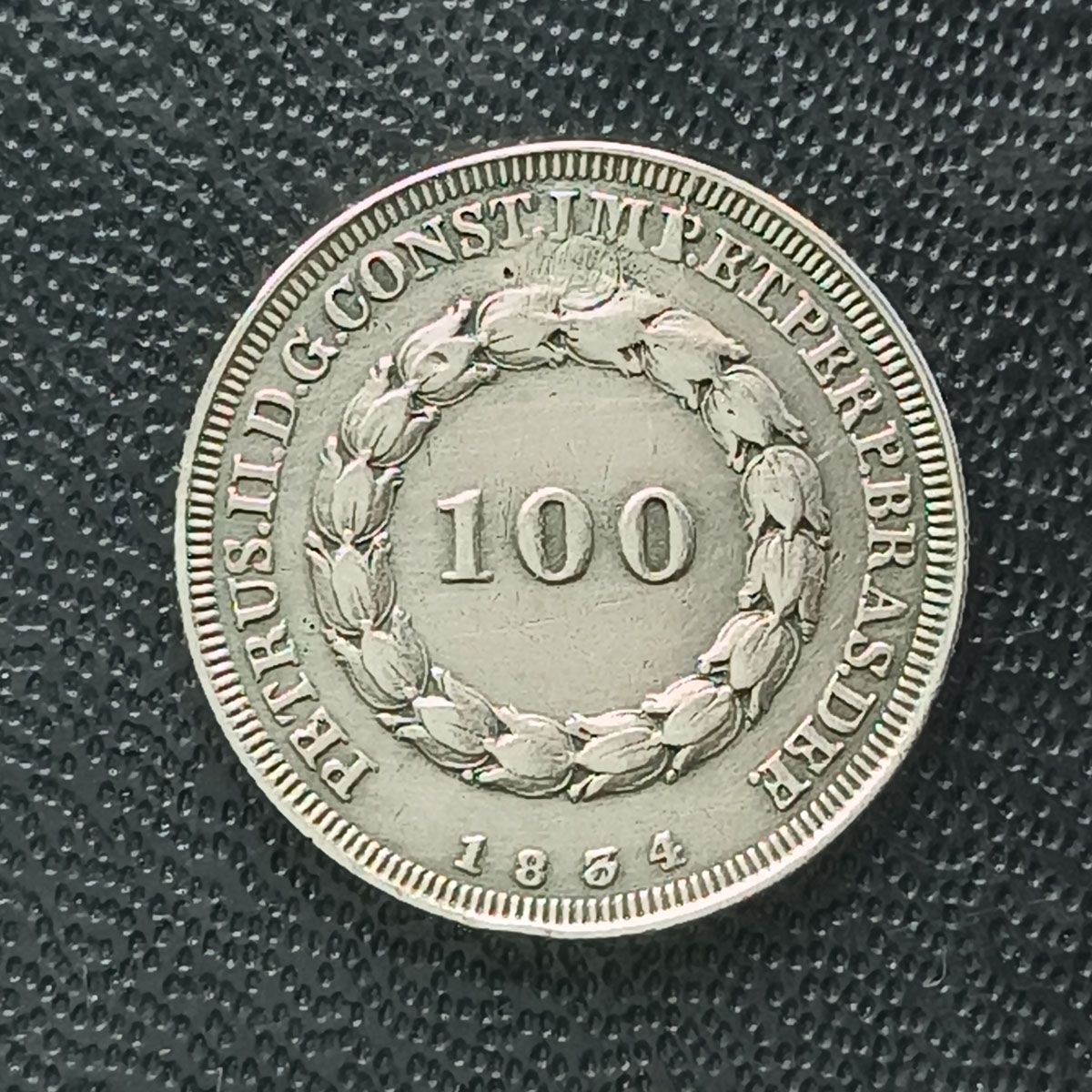 BRASIL - 100 RÉIS 1834 - SÉRIE CRUZADOS - P520 - FURO TAPADO - PRATA