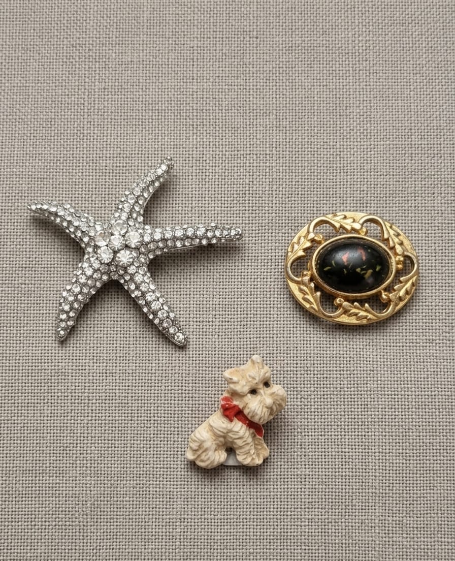 3 BROCHES DIVERSOS, MEDINDO O MAIOR 6CM.