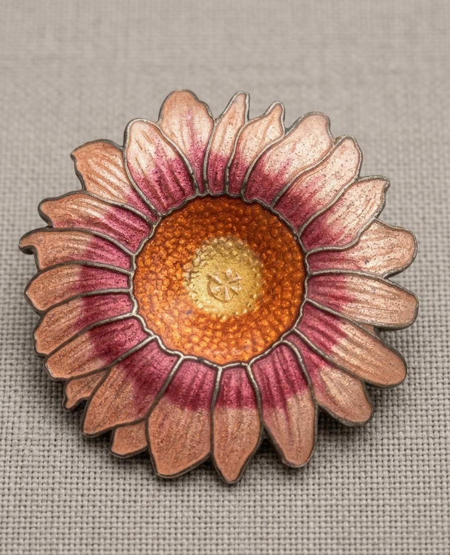 BROCHE PRODUZIDO EM METAL PRATEADO, COM ESMALTE COLORIDO, MEDINDO 5CM.