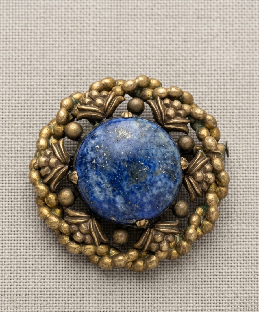 ANTIGO BROCHE EM METAL DOURADO ENVELHECIDO, COM PEDRA LÁPIS LAZÚLI, MEDINDO 4CM.