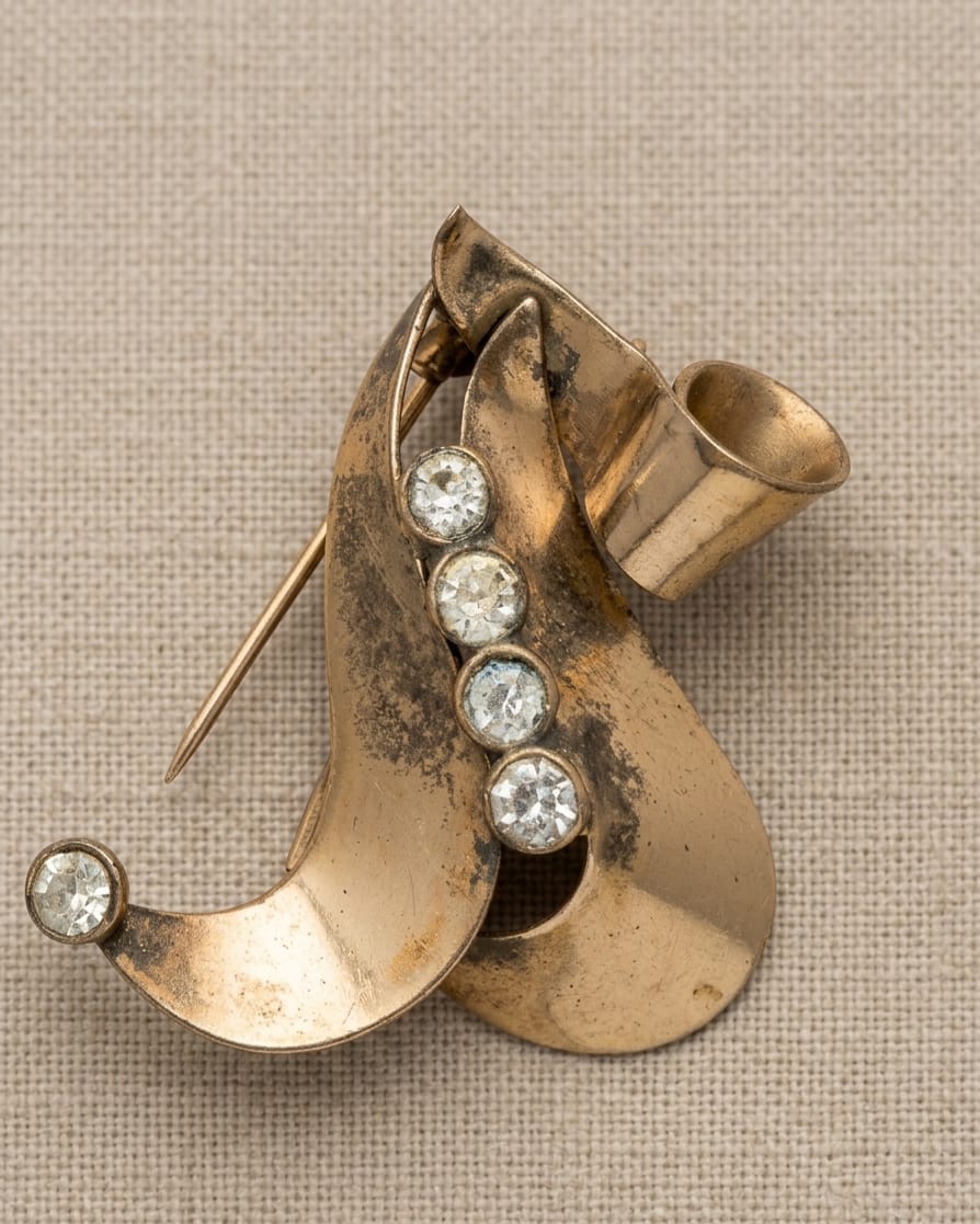 BROCHE EM METAL DOURADO E STRASS, MEDINDO 4CM. MARCAS DO TEMPO.
