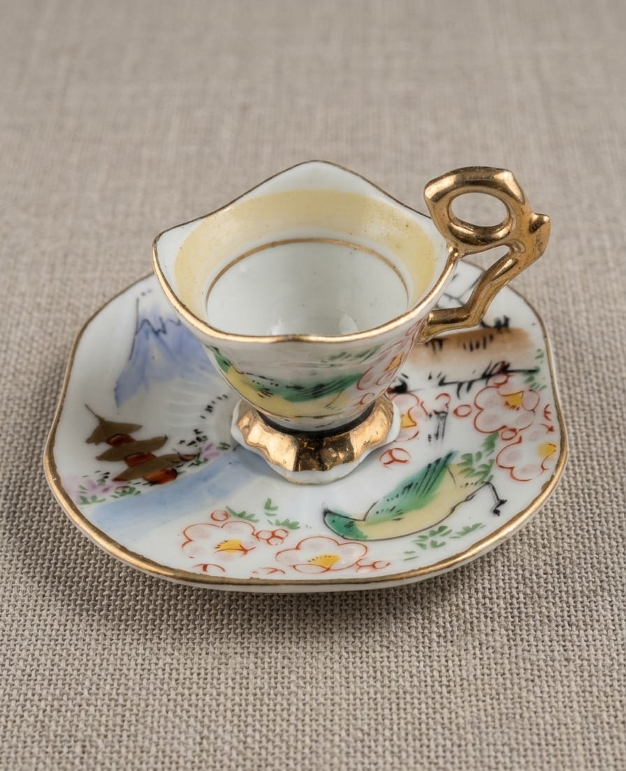 XÍCARA E PIRES EM MINIATURA,  DITA "UM GOLE" EM PORCELANA COM DECORAÇÃO ORIENTAL. MEDIDA DO PIRES 8CM.  MEDIDA DA XÍCARA 4CM DE DIÂMETRO E 3,5CM DE ALTURA.