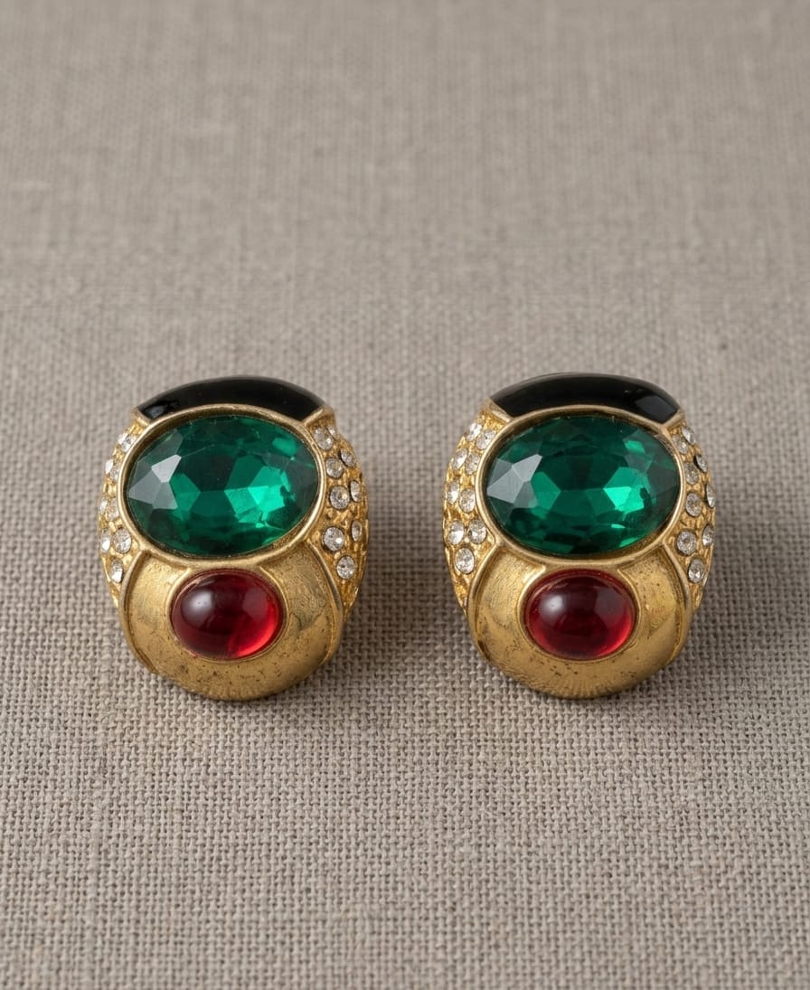 PAR DE BRINCOS DE PRESSÃO VINTAGE EM METAL DOURADO, DECORADO COM PEDRARIAS, MEDINDO 3CM.