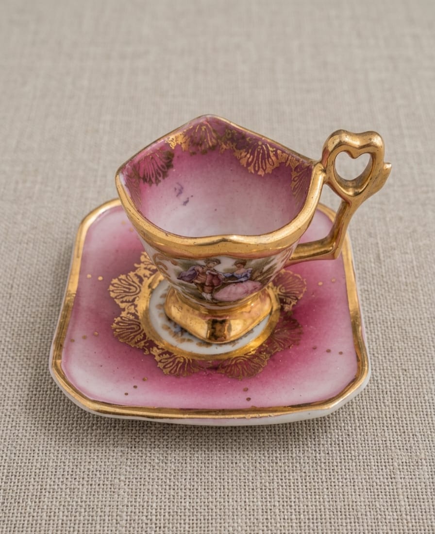 XÍCARA E PIRES EM MINIATURA,  DITA "UM GOLE" EM PORCELANA COM CENA GALANTE. MEDIDA DO PIRES 7CM.  MEDIDA DA XÍCARA 4CM DE DIÂMETRO E 4CM DE ALTURA.