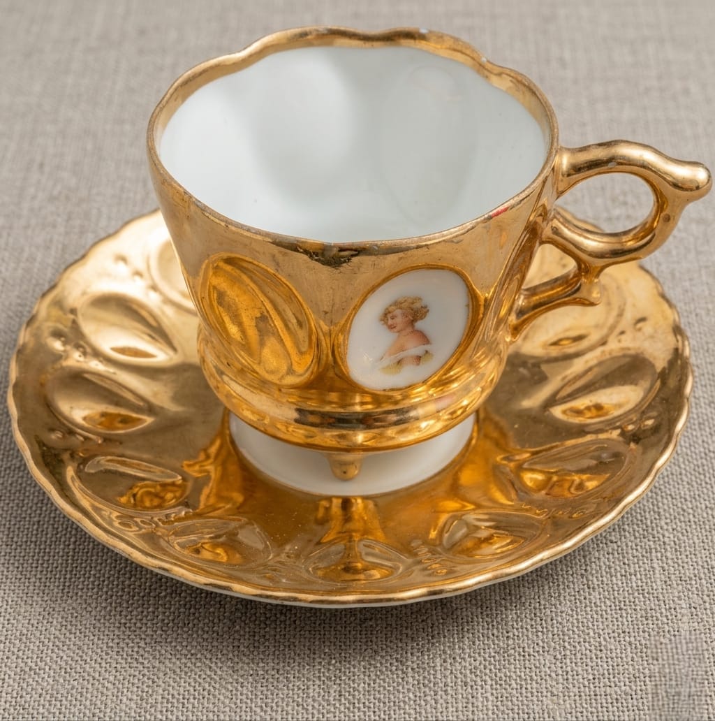 XÍCARA E PIRES EM PORCELANA JAPONESA, DECORADA COM FIGURAS FEMININAS. MEDIDA DO PIRES 13CM DE DIÂMETRO. MEDIDAS DA XÍCARA 7CM DE DIÂMETRO X 7CM DE ALTURA.