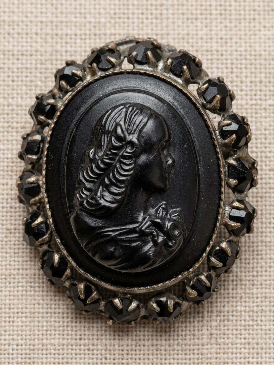 BROCHE EM METAL PRATEADO, COM IMAGEM FEMININA EM PASTA DE VIDRO, MEDINDO 3CM.