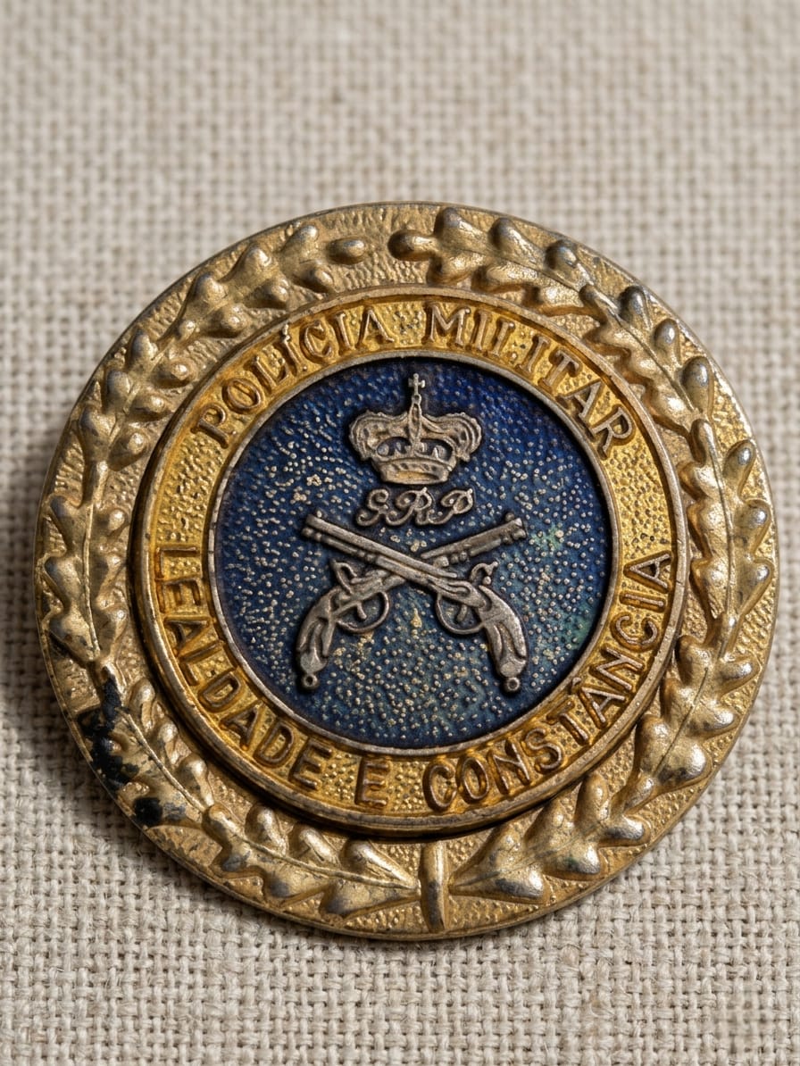 DISTINTIVO DA POLÍCIA MILITAR, PRODUZIDO EM METAL, MEDINDO 4,5CM. MARCAS DO TEMPO.