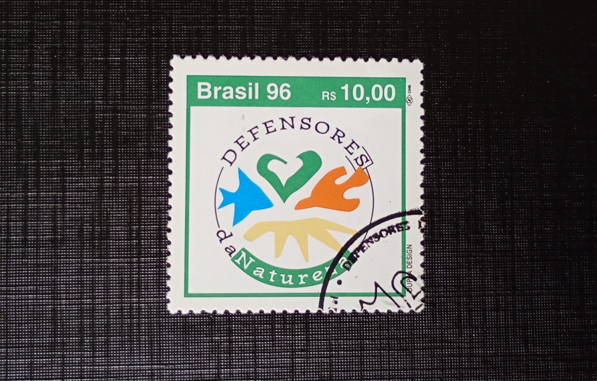 Brasil 1.996 - Defensores da Natureza - RHM SP1 - com carimbo de 1 dia de circulação - Valor facial de R$ 10,00.