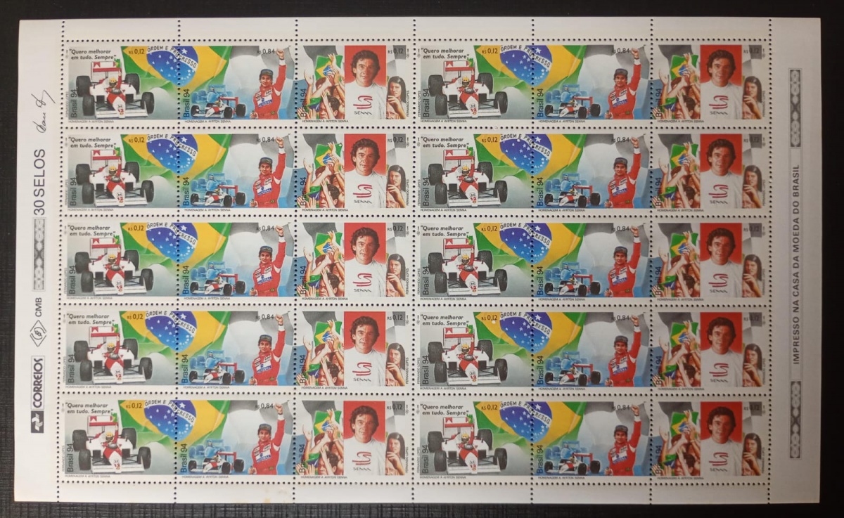 Brasil 1.994 - Homenagem a Ayrton Senna - RHM C1921/23 (soma 30 UF's) - Folha completa Nova (N).