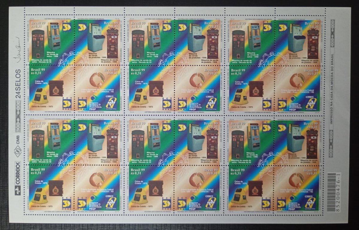 Brasil 1.999 - História dos Correios do Brasil - RHM C2188/91 (soma 19,20 UF's) - Folha completa Mint (MNH).