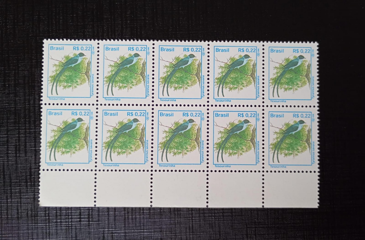 Brasil 1997 - Aves Urbanas: Tesourinha - RHM 741 - bloco de 10 selos (soma 7 UF's) - Mint (MNH).