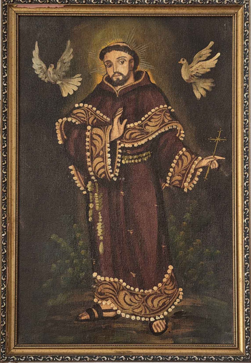 CUSQUENHO - São Francisco de Assis, óleo sobre eucatéx 60x40 cm - moldura 65x45 cm