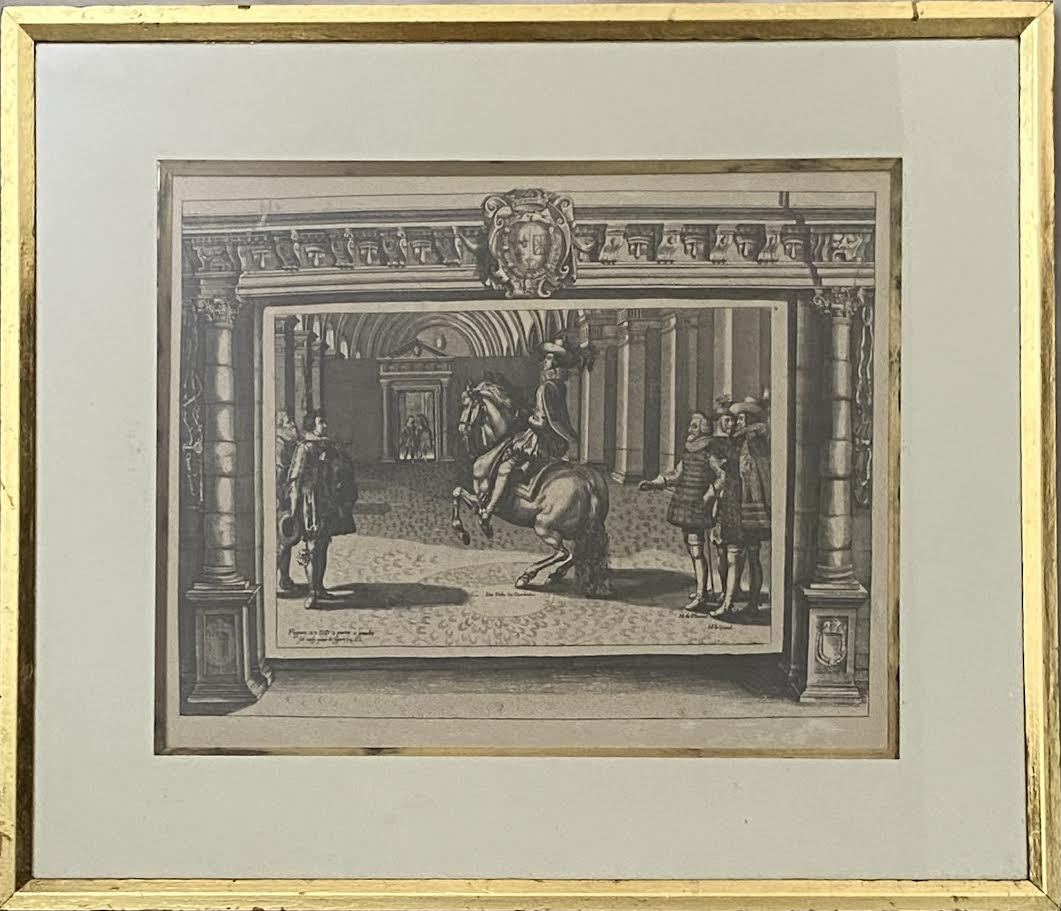 Litogravura "des volte en courbettes", proteção moldura de madeira com acabamento em folha de ouro e vidro transparente. Medida total 61 x 53cm.