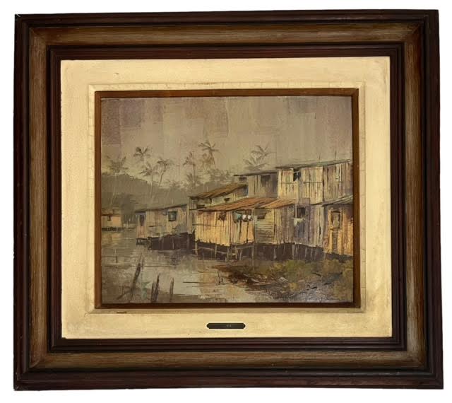 GILBERTO BAPTISTA - Obra em óleo sobre placa representando paisagem com casario e lago, assinada e datada no canto inferior direito, protegida por moldura de madeira e paspatur. Possui placa de metal com o nome do ...