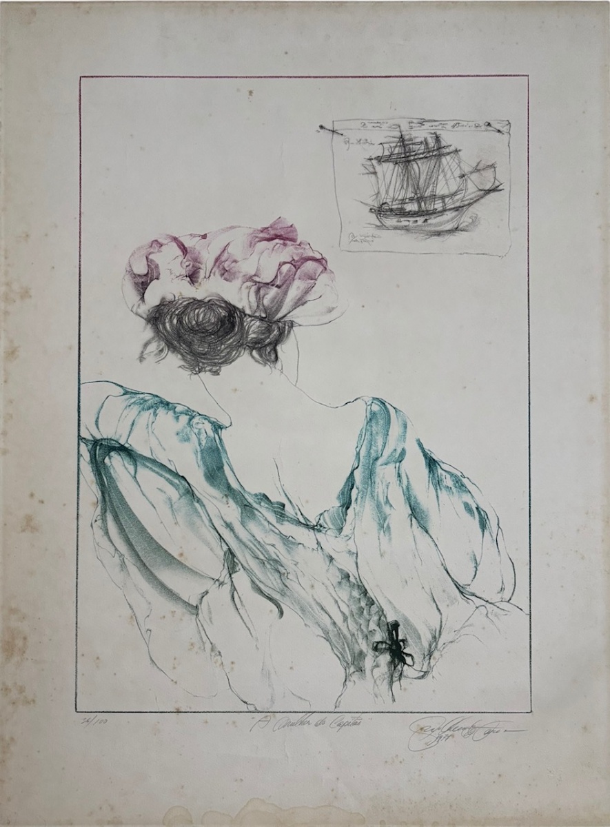 GUILHERME FARIA - Obra intitulada A Mulher do Capitão, gravura numerada 36/100 e assinada de próprio punho pelo artista.A composição revela uma figura feminina vista de costas, em delicado traço que combina tons suaves ...