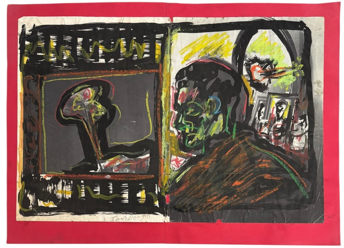 SANDRO DONATELLO (Rio de Janeiro 1945 / Rio de Janeiro 2021) - Obra em técnica mista sobre papel, composta em díptico, com forte carga expressionista. Figuras fragmentadas, traços gestuais e paleta intensa dominada por ...