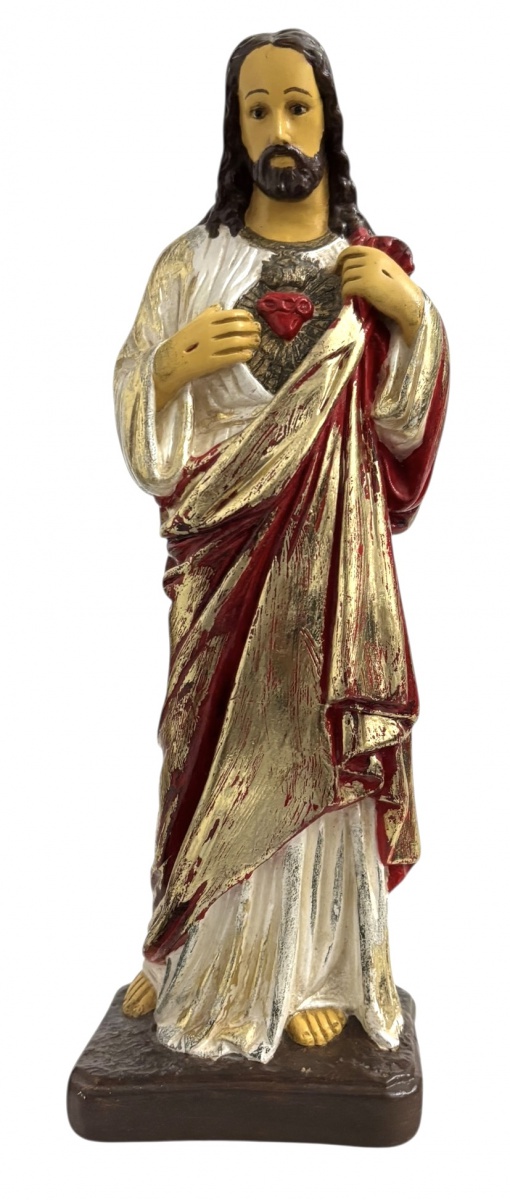 Imagem religiosa  Sagrado Coração de Jesus, Escultura religiosa em estuque francês  representando o Sagrado Coração de Jesus, com rica policromia em tons de vermelho, dourado e branco, vestes detalhadas e expressão ...