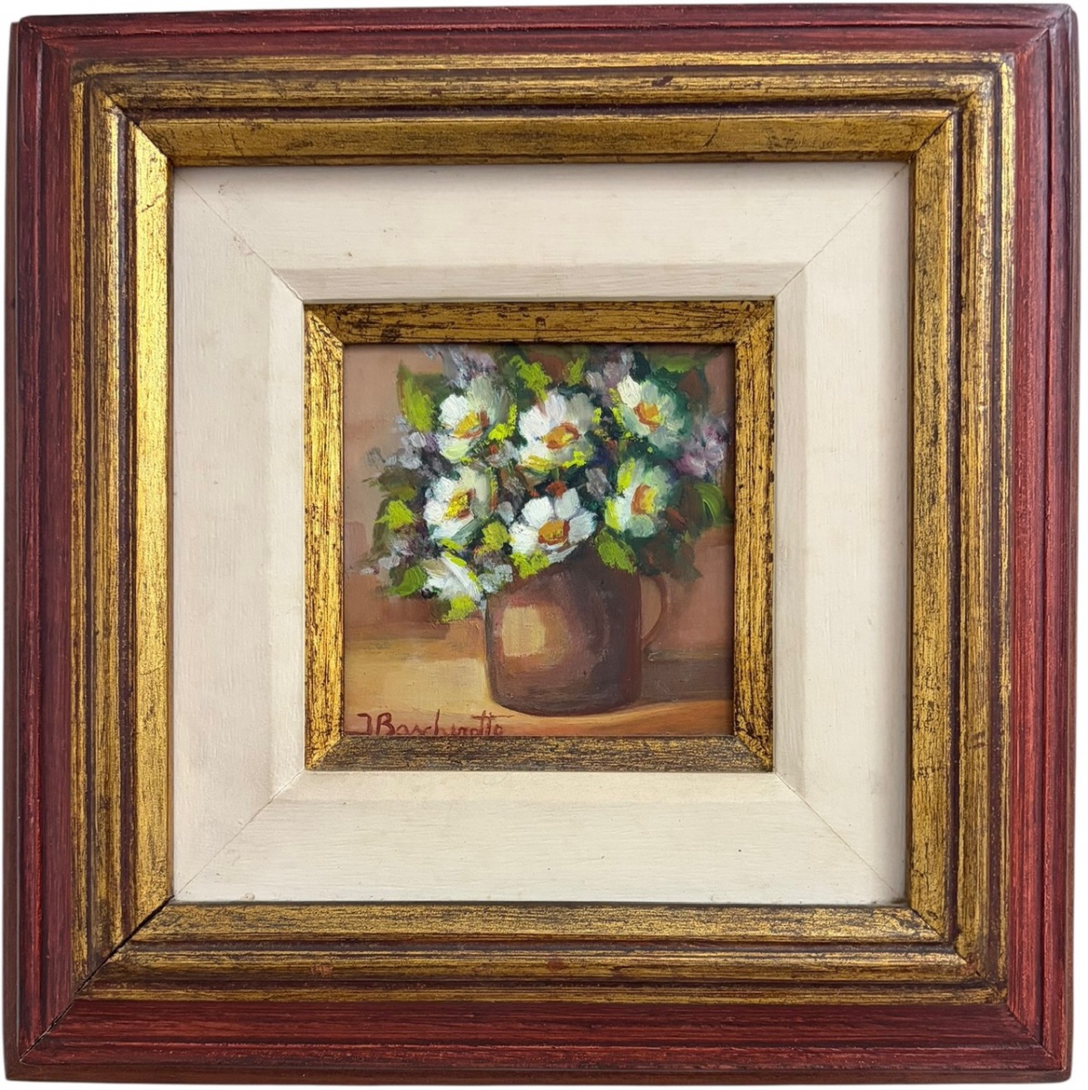 J. Baacherotto  Natureza-morta com flores em vaso, óleo sobre tela, assinado no canto inferior esquerdo. Pequena composição em pincelada solta e paleta suave, representando arranjo floral. Apresenta moldura de madeira ...