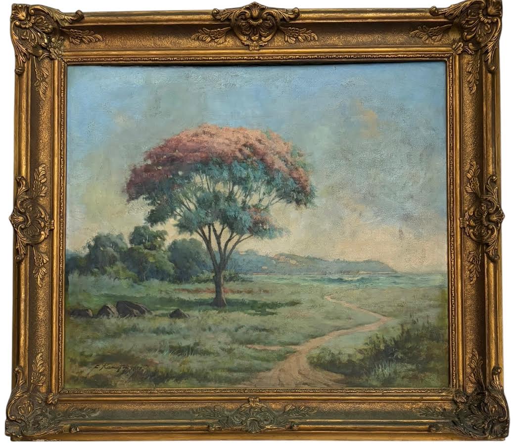 CASEMIRO RAMOS FILHO (Rio de Janeiro 1905 / 1976) - Obra em óleo sobre tela, assinada no canto inferior esquerdo, datada 1957, intitulada no verso "sapucheiro em flor", protegida por moldura de madeira adornada ...