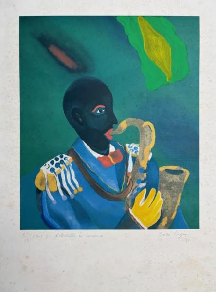 Antiga gravura representando musico, numerada 1/25, assinada, datada 1991. Artista italiano. Medida total 69 x 50 cm.