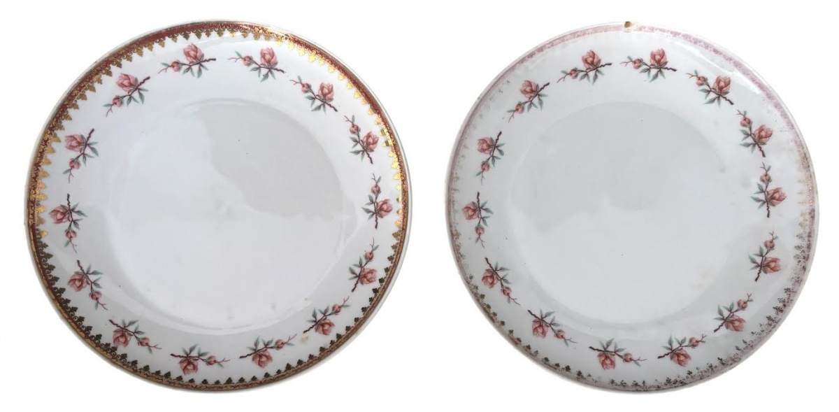 Conjunto de pratos em porcelana brasileira Porcelana Schmidt, decoração floral delicada em tons rosados com frisos dourados. Peças elegantes de mesa, apresentando sinais de uso e desgaste no douramento. Um apresenta ...