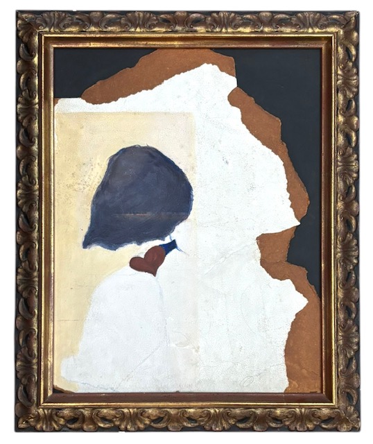 Quadro em técnica mista sobre suporte rígido, representando figura feminina estilizada, com composição moderna e áreas intencionalmente inacabadas. Moldura em madeira entalhada e dourada, de bom efeito decorativo. No ...
