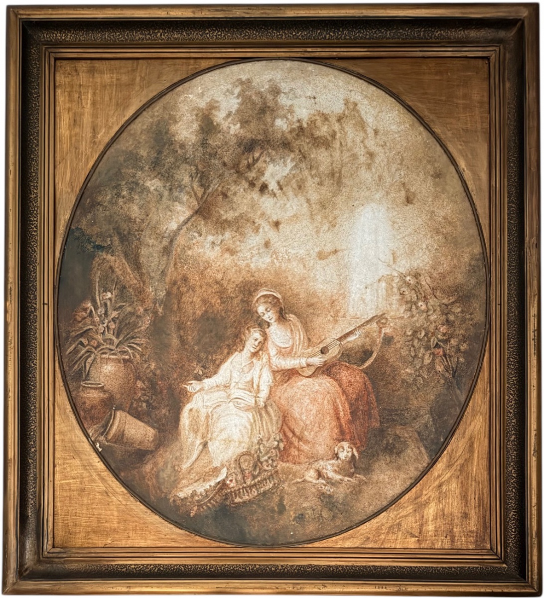 EUROPA SÉC. XVIII - Obra em óleo sobre tela, meados séc XVIII, em chassi de formato ovalado representando cena galante de estilo rococó, com figuras femininas em ambiente bucólico, uma delas tocando instrumento musical. ...