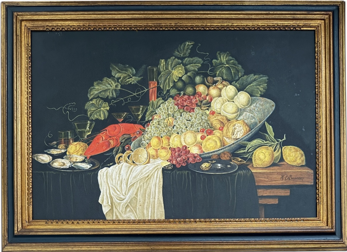 HECTOR CASARES (Argentina 1946 / Rio de Janeiro 2017)A Mesa Arrumada, magnífica natureza-morta em óleo sobre tela datada de 1997, onde o artista explora com maestria o contraste entre o fundo escuro e a vivacidade dos ...
