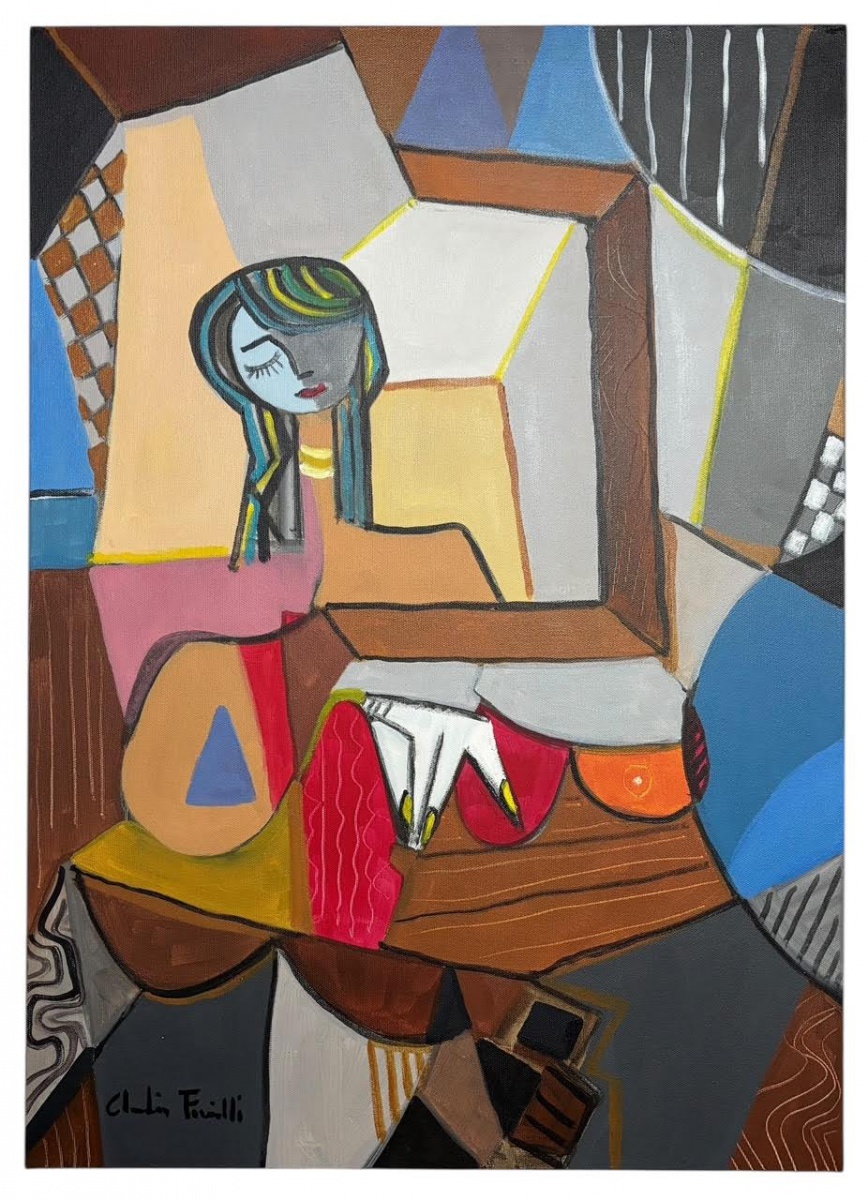 CLAUDIO FACIOLLI - (São Paulo 1955 ) - Obra em acrílica sobre tela, de estilo contemporâneo, intitulada "Mulher e o quadro", assinada no canto inferior esquerdo e verso, localizada Rio de Janeiro e datada. Mede ...