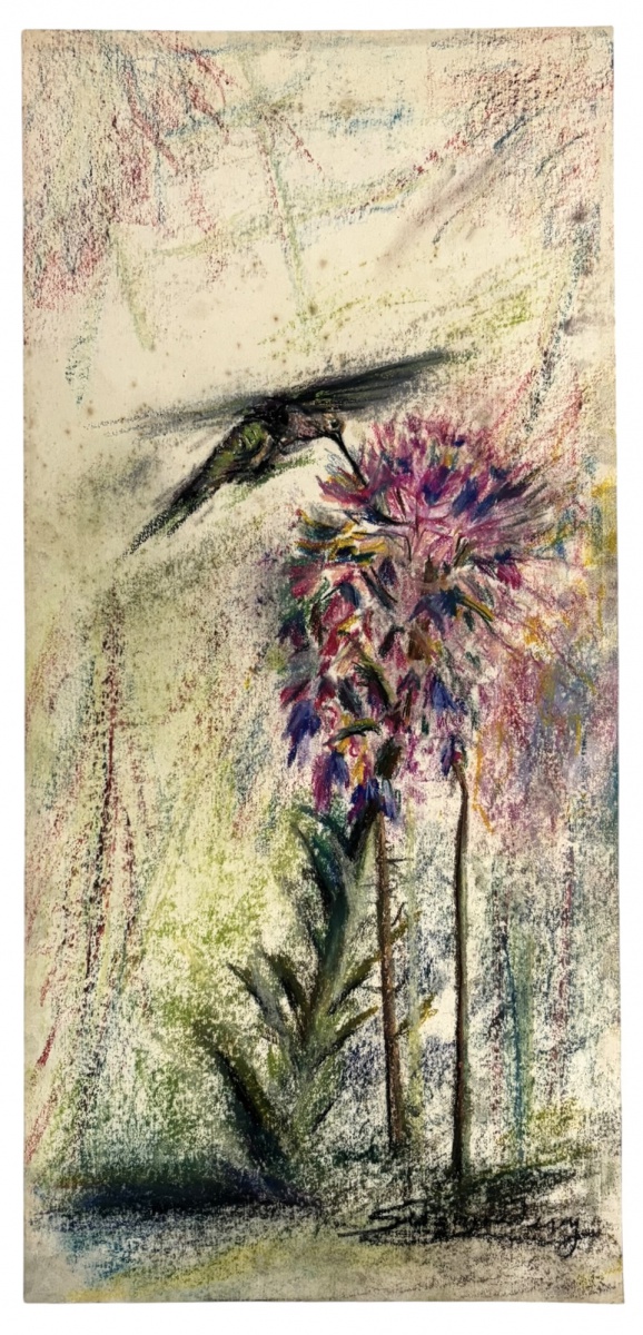 Suzana Levy (Rio de Janeiro, 1937  Rio de Janeiro, 2023)  Técnica mista sobre papel representando delicada cena de natureza com beija-flor em voo diante de exuberante inflorescência tropical. Executada com traços leves ...