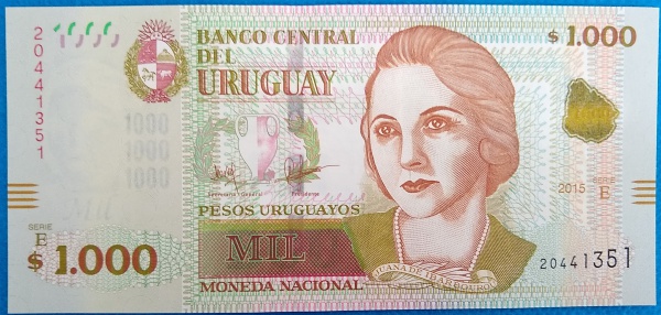 1 Cédula do Uruguai de Mil Pesos de 2015 - Flor de Esta
