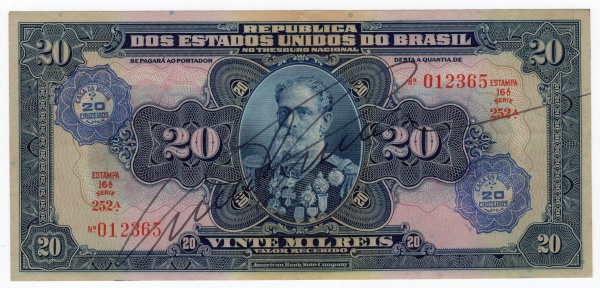 Brasil República 20 Mil Réis Carimbo Rosácea 1942 8196