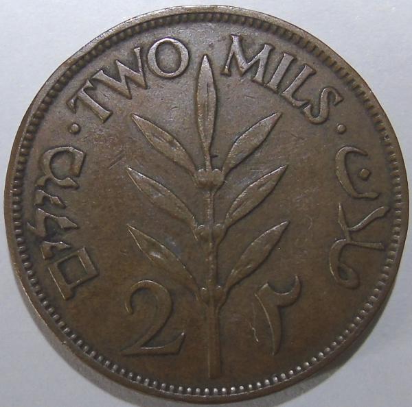 Moeda de Bronze estrangeira ,Palestina 2 Mils 1941 -