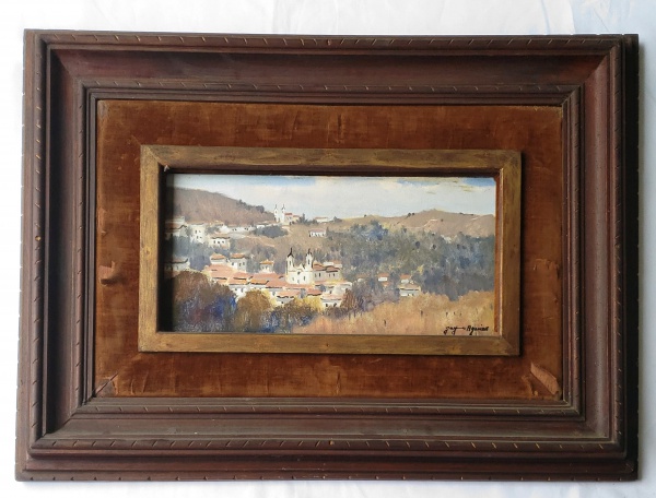 JAYME AGUIAR - "Casarios" óleo sobre eucatex emoldurado , assinado e localizado Ouro Preto - MG. Medida interna 20 cm x 40 cm e medida total 53 cm x 73 cm. — Jayme Aguiar