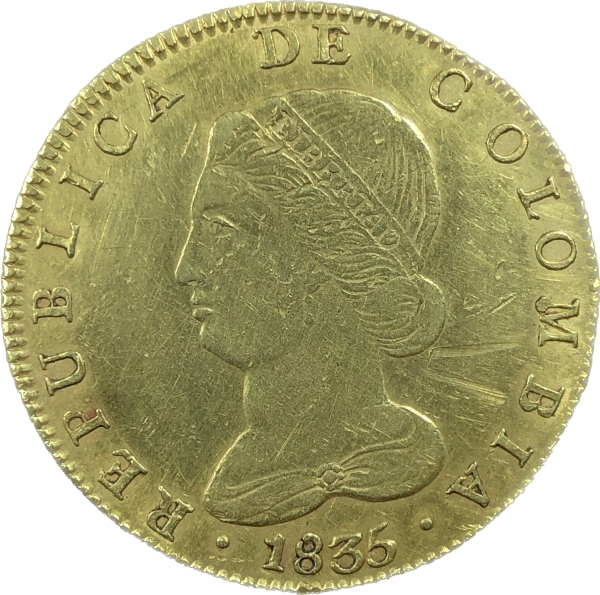 Moeda da Colômbia - 8 escudos - 1835RS - OURO (.875) -