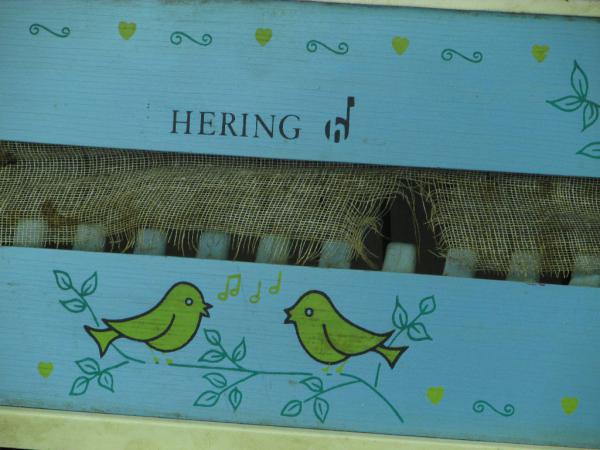 Antigo piano infantil de HERING decorado com pássaros p