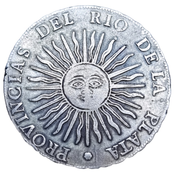 ARGENTINA- ##MUITO RARO## 8 REALES 1813 J, SOL ARGENTINO, BASE DE