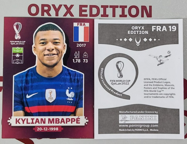 Figurinha do Kylian Mbappé da França (FRA 19) da Copa do Mundo do Qatar  2022 - Item de Coleção Original Panini