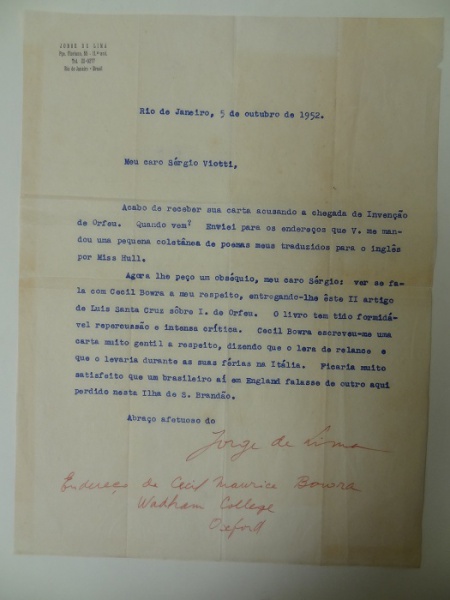 CARTA DATILOGRAFADA E ASSINADA POR JORGE DE LIMA PARA S