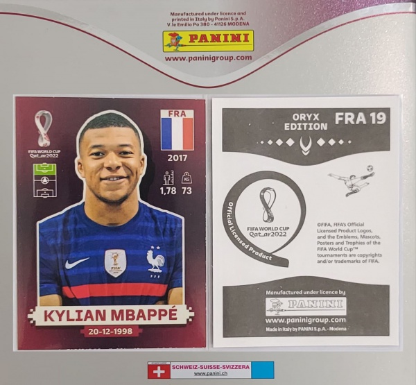 Figurinha do Kylian Mbappé da França (FRA 19) da Copa do Mundo do Qatar  2022 - Item de Coleção Original Panini