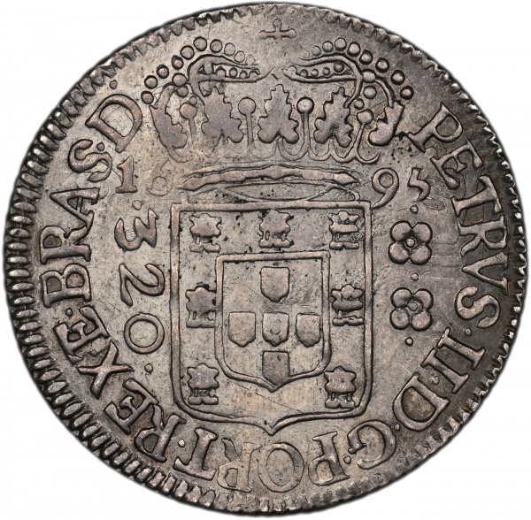 Moeda do Brasil: 320 Réis 1695 - P121 - Soberba / Flor de Cunho -  Plate Coin catalogo LMB, Amato e Irlei, 16 Edição - Pag 124. Moeda utilizada como foto  no catalogo. Prata