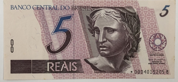 Cédula do Brasil - 5 reais - 1994 - C269a - REPOSIÇÃO (*) - Série 4 - FE (leves manchas) - Feita na