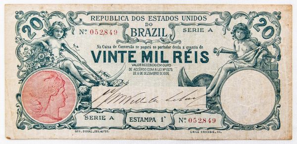 Numismática, BRAZIL. Vinte Mil Reis, R.166, Serie A, Estampa 1ª, Nº 052849 1806